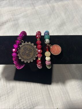 Keep it Gypsy Hot Pink Iridescent Upcycled LV Quatrefoil charm, Bracelet Trio